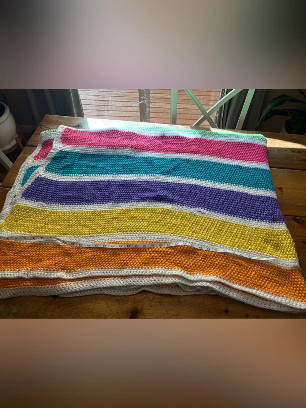 Handmade Crochet Striped Colorblock Throw - Bright Rainbow Colors Large